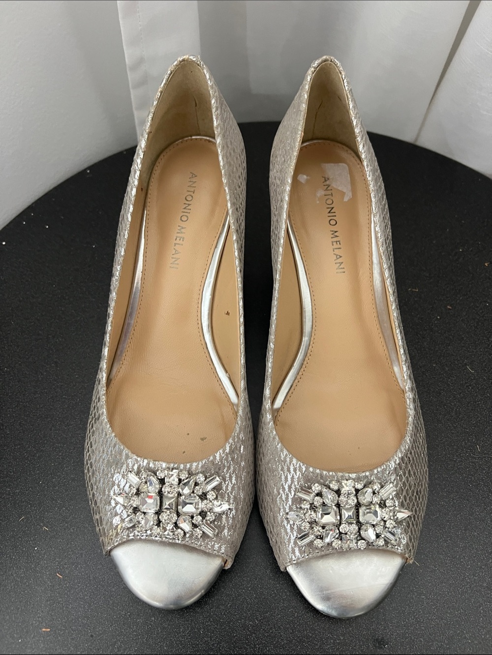 Antonio Melani Silver Embellished Leather Peep-Toe Mules
